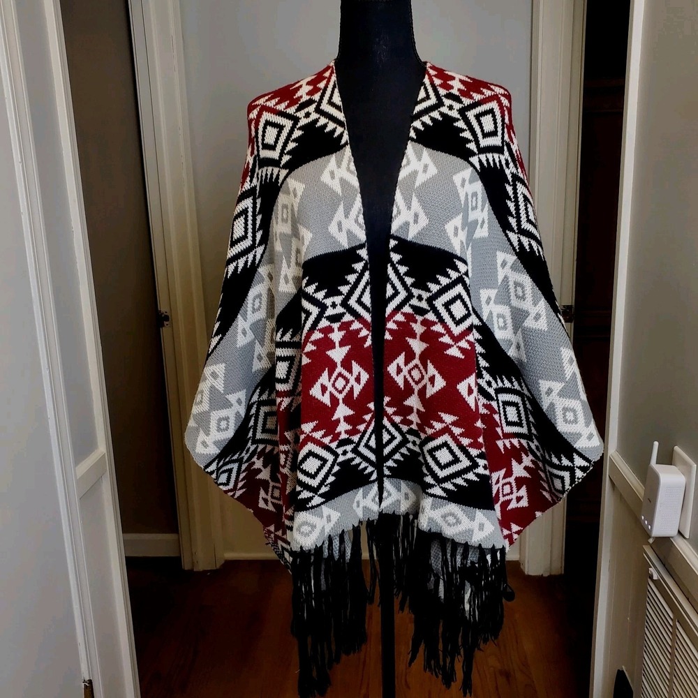 Aztec Wrap Boho Fringed Shawl Burgundy Black Gray Cardigan Cozy Poncho Size L/XL